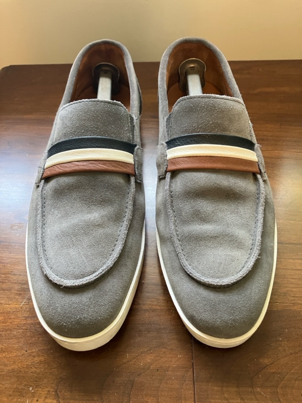 Allen Edmonds Gray Suede Loafers with White and Brown Accent